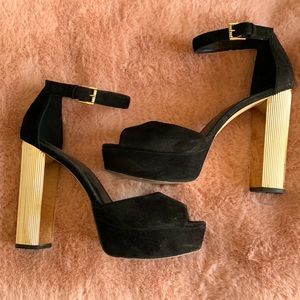 Michael Kors suede platforms with gold column heel
